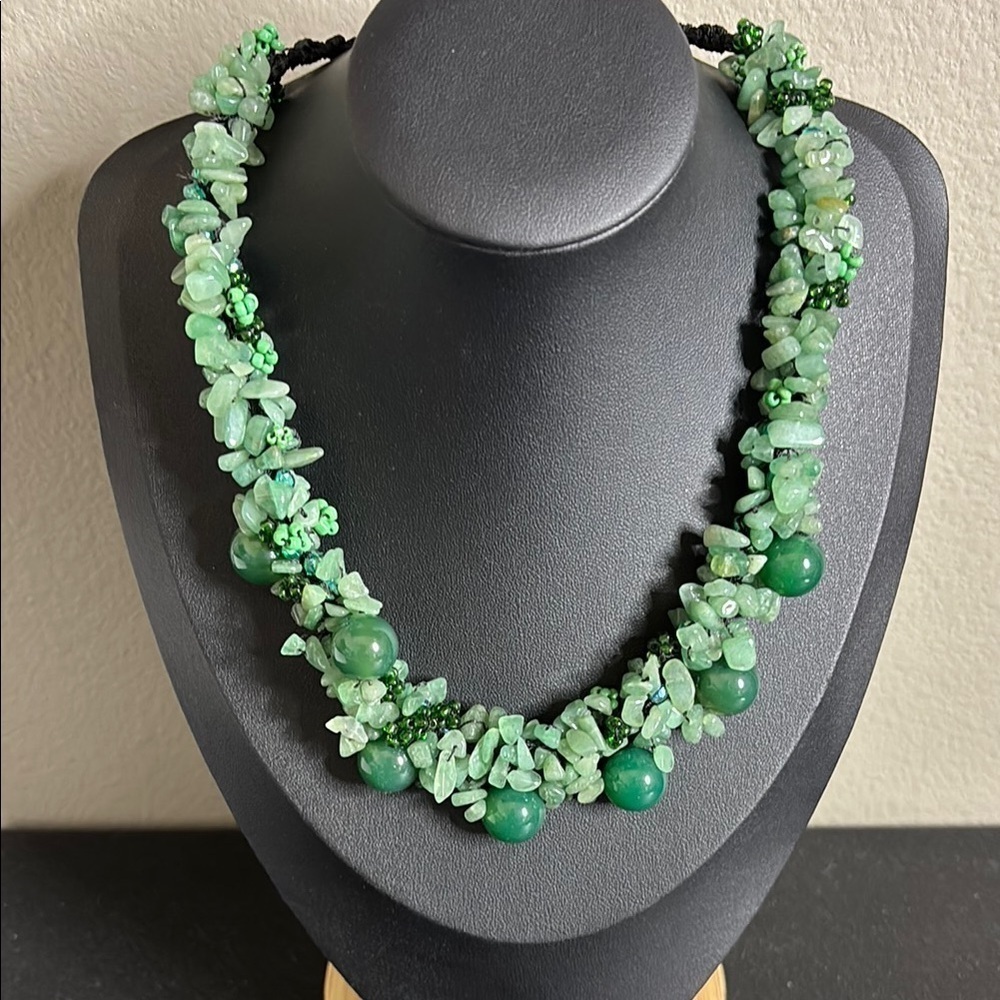 Green Gemstone Chip Beaded Chunky Statement Necklace